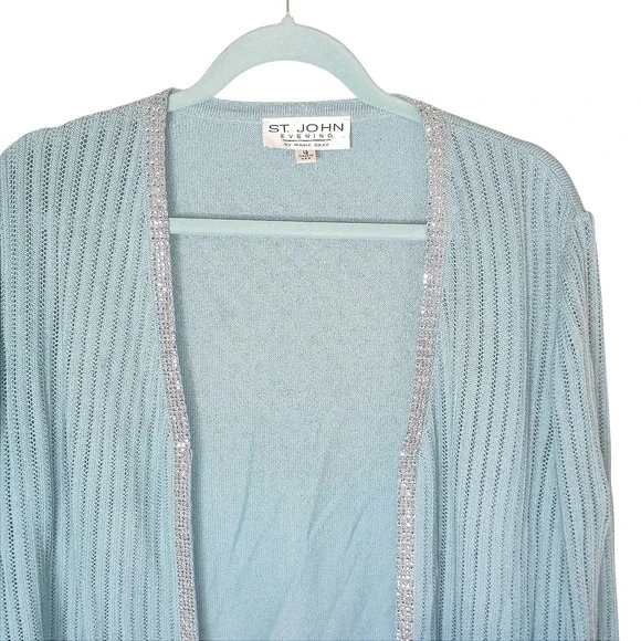 St John Evening Marie Gray Blue Knit Cardigan Sequin Trim Jacket Sz 12 USA Vtg - Picture 4 of 12